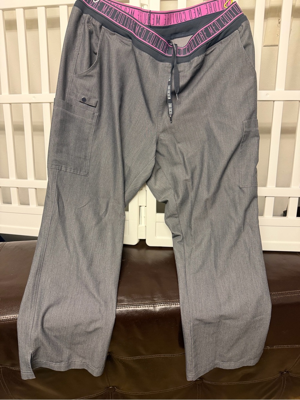 Med Couture Gray Cargo Scrub Pants with Pink-Trim Waistband